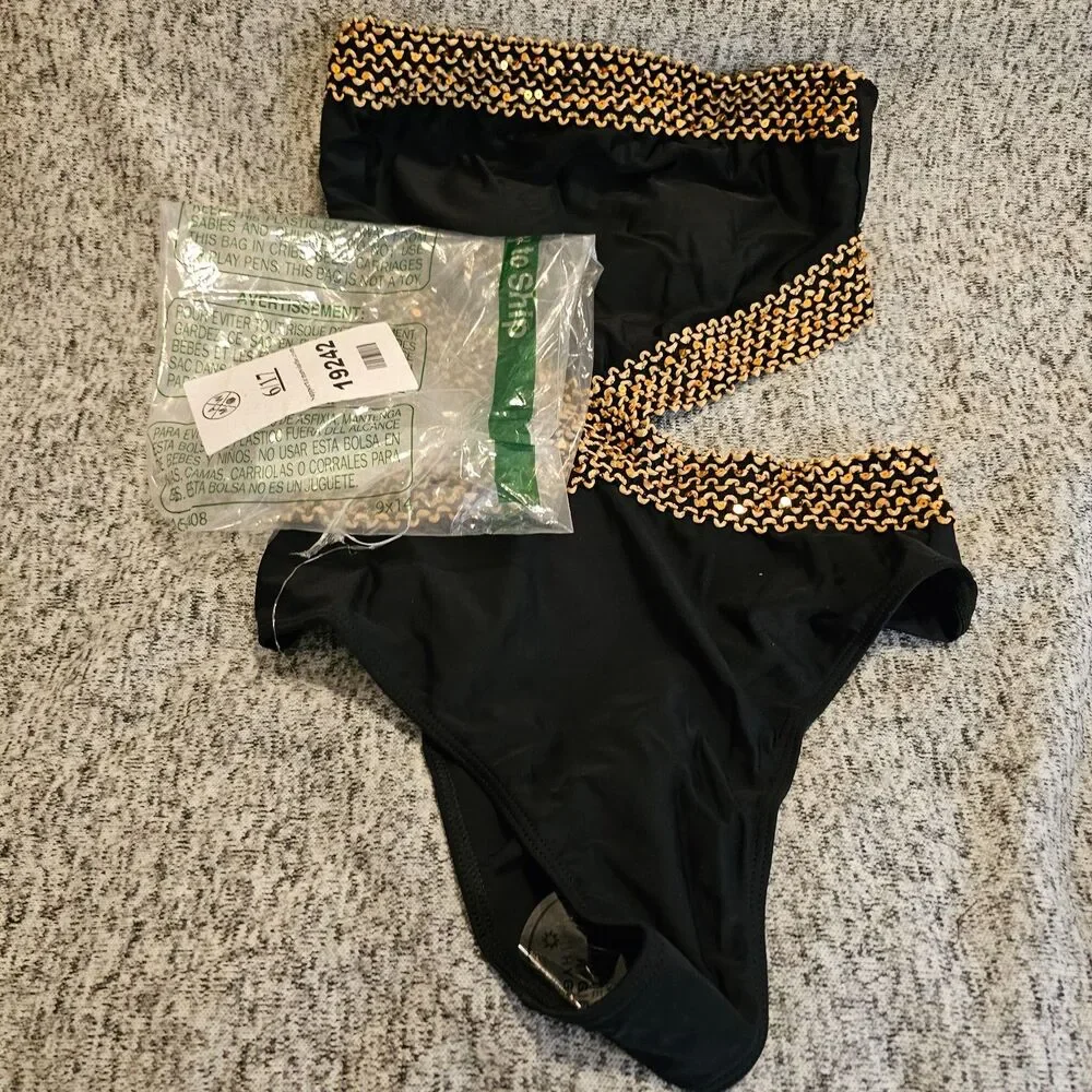 New Women's Small Stitch Cut Out One Piece Swimsuit Black & Gold Swimwear - Picture 4 of 5